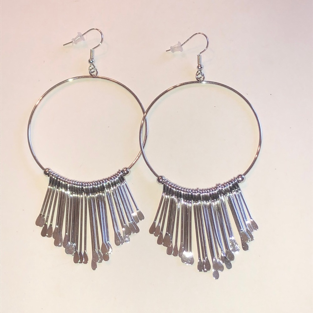 Classic Silver Tone Hoop Fringe Boho Earrings
